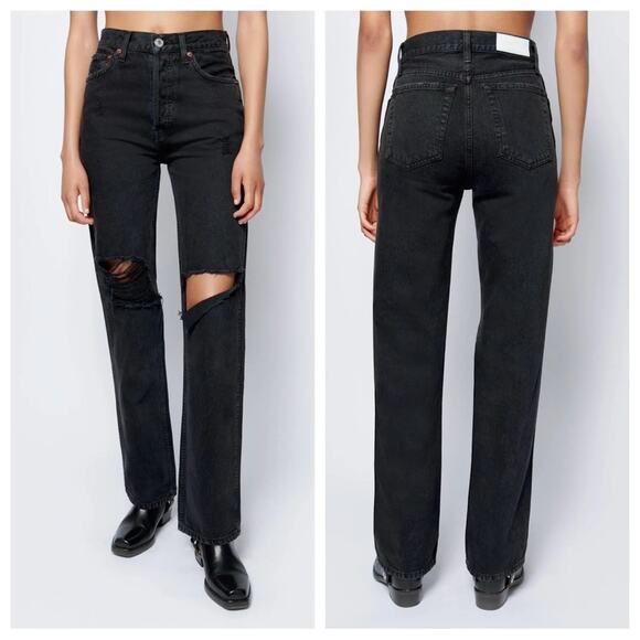 re/done - high rise loose jeans straight leg button-fly distressed holes revolve - Picture 1 of 9